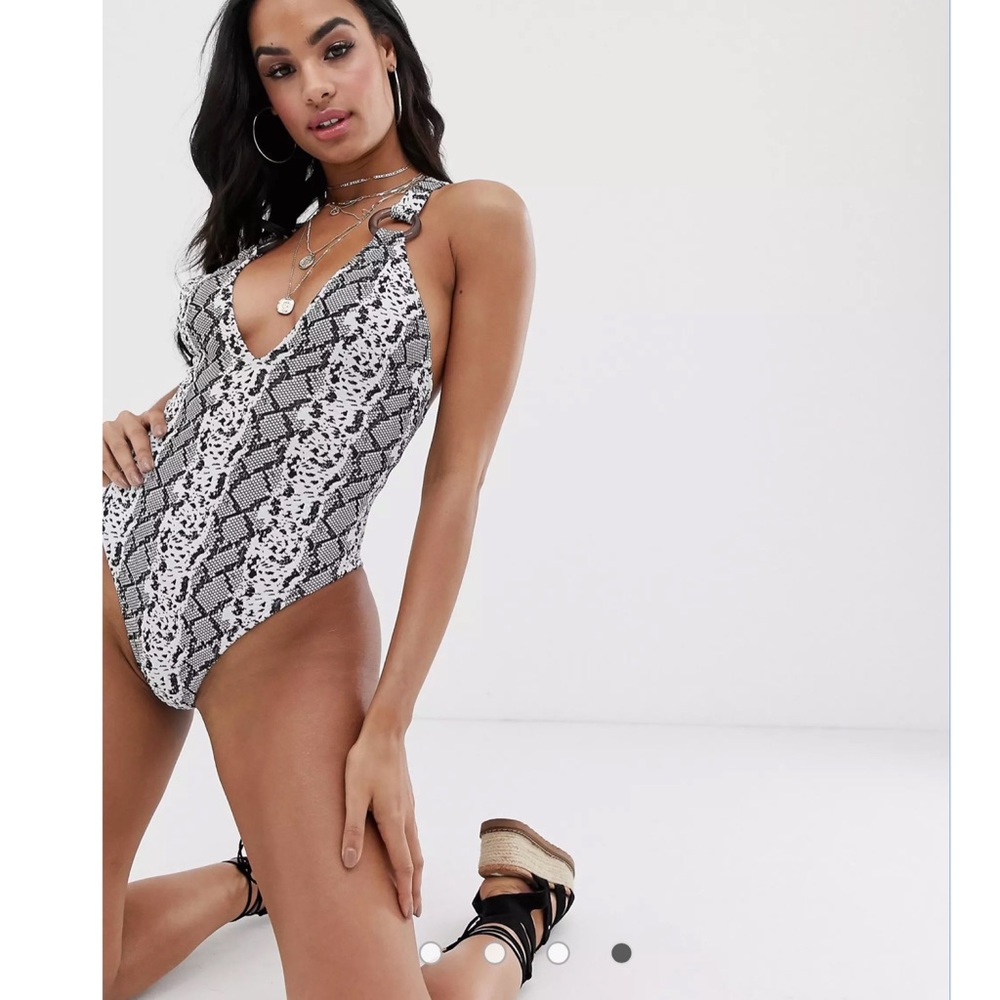 ASOS textured snake print plunge swimsuit high cut sexy racer back